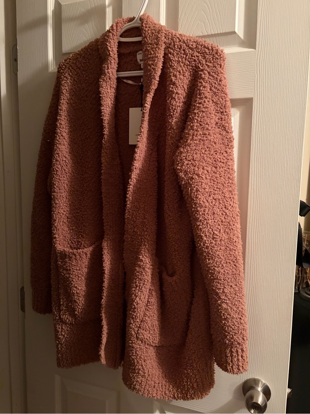 Plush Open-Front Teddy Jacket in taupe